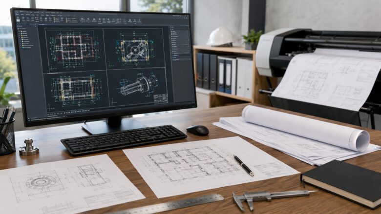 محطة عمل هندسية تعرض عدة لوحات أوتوكاد بجوار طابعة مخططات ورسومات تنفيذية