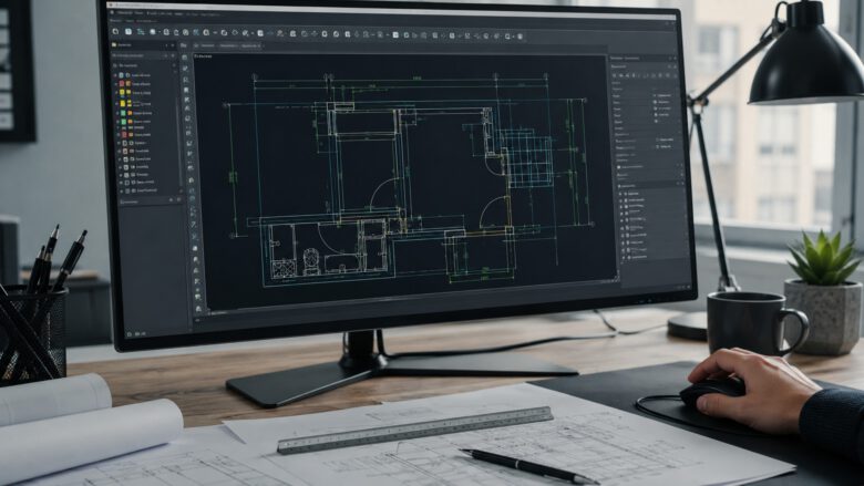 شاشة تعرض مخططًا هندسيًا في أوتوكاد مع الأبعاد والطبقات وأدوات الرسم الدقيقة