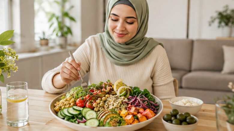 امرأة تتناول وجبة صحية متوازنة تحتوي على الخضراوات والبروتين والحبوب