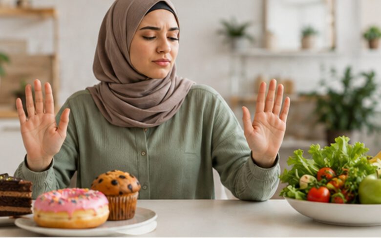 امرأة ترفض الحلويات غير الصحية وتختار الطعام الصحي للتحكم في الأكل العاطفي