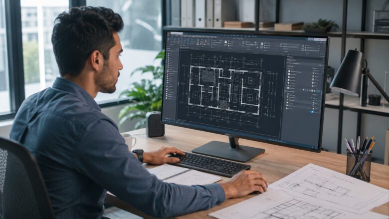 مهندس يستخدم برنامج أوتوكاد لإعداد مخطط معماري ثنائي الأبعاد على شاشة كبيرة - كيف تتعلم أوتوكاد من الصفر إلى الاحتراف