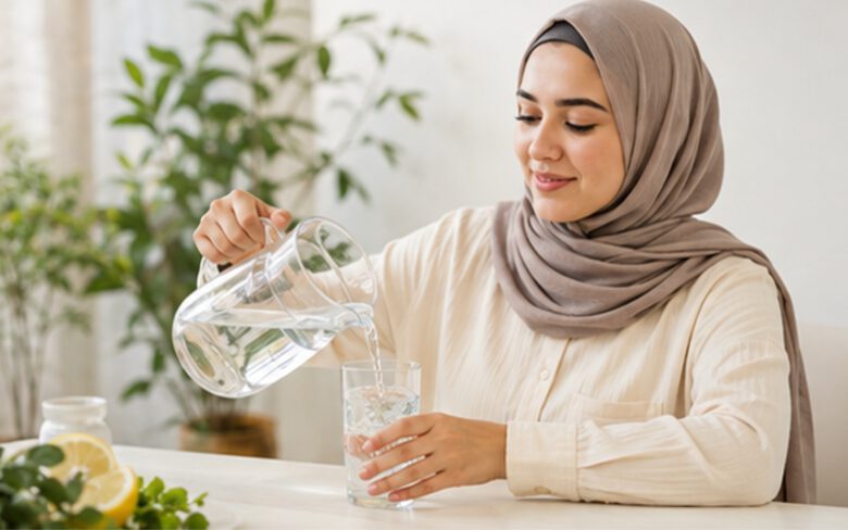 امرأة تصب الماء في كوب لدعم الترطيب والتحكم في الشهية