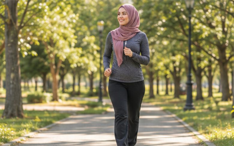 امرأة تمشي في الحديقة كنشاط بدني صحي يساعد على تحسين المزاج وتقليل الأكل العاطفي
