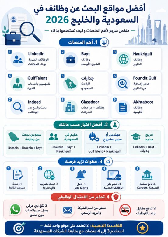إنفوجرافيك يوضح أفضل مواقع البحث عن وظائف في السعودية والخليج 2026 ونصائح زيادة فرص التوظيف