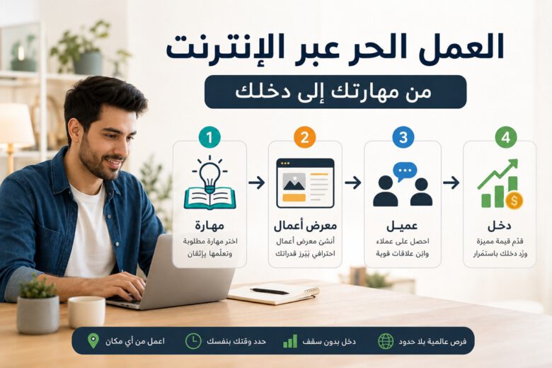 إنفوجرافيك يوضح خطوات بدء العمل الحر عبر الإنترنت من التعلم وبناء معرض الأعمال حتى الوصول إلى العميل