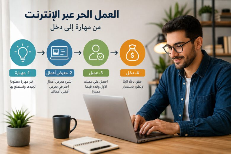 إنفوجرافيك تعبيري يوضح خريطة طريق بدء العمل الحر عبر الإنترنت من التعلم إلى التسعير