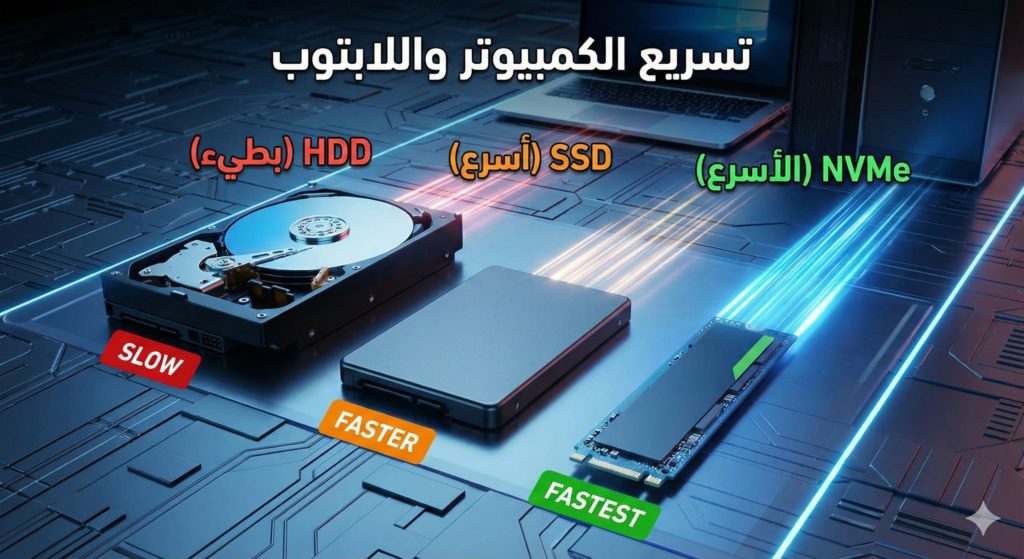 صورة توضح الفرق بين SSD و HDD و NVMe في تسريع الكمبيوتر واللابتوب