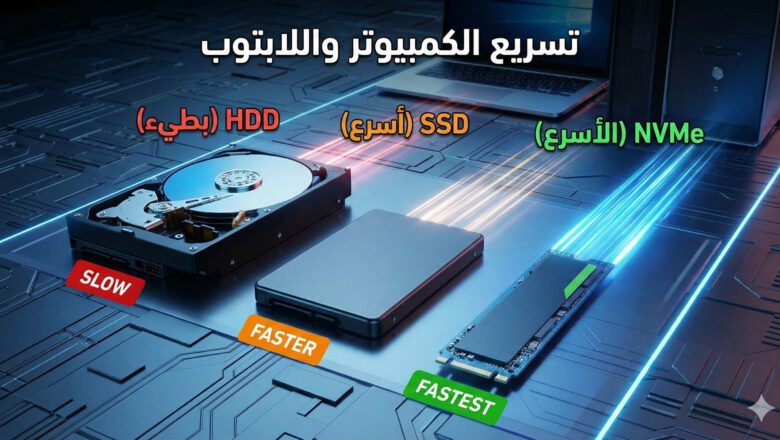 صورة توضح الفرق بين SSD و HDD و NVMe في تسريع الكمبيوتر واللابتوب