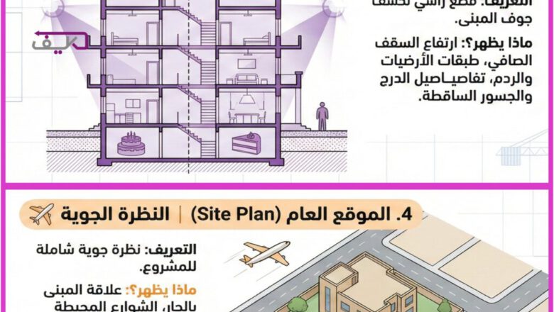 المخططات المعمارية: القطاعات (المقاطع) والموقع العام