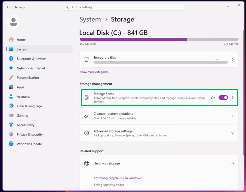 تفعيل مستشعر التخزين (Storage Sense)
