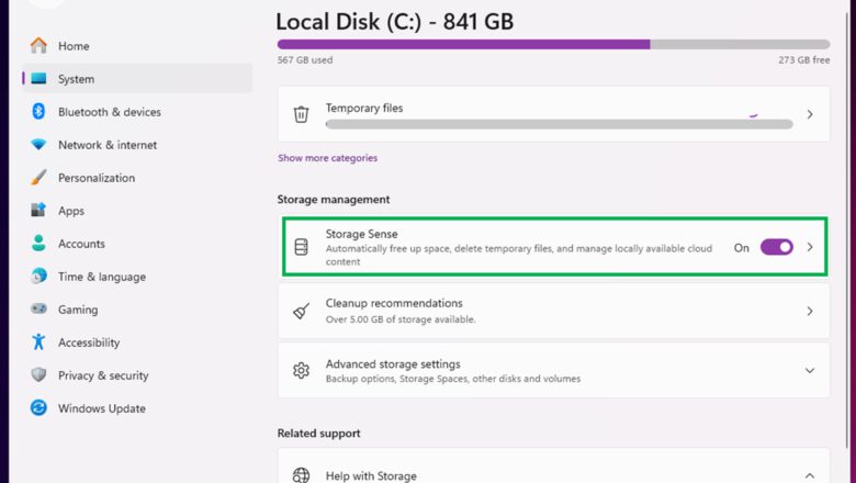 تفعيل مستشعر التخزين (Storage Sense)