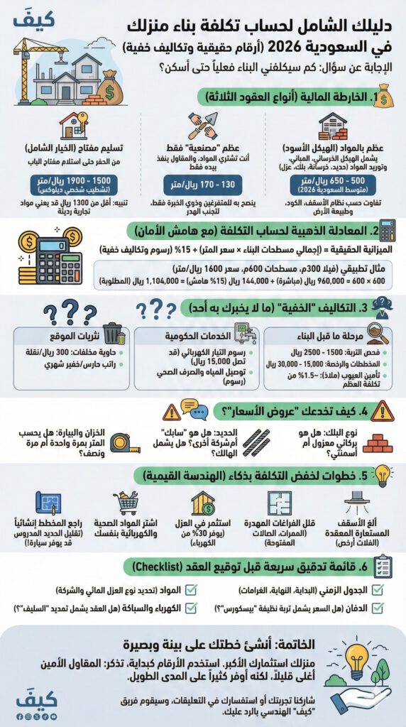 دليلك الشامل لحساب تكلفة بناء منزلك في السعودية 2026 (أرقام حقيقية وتكاليف خفية)