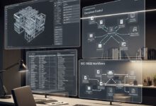 مهندس يدير حزم وثائق البناء الرقمية في موقع إنشائي حديث 2027
