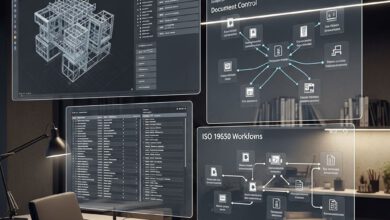 مهندس يدير حزم وثائق البناء الرقمية في موقع إنشائي حديث 2027