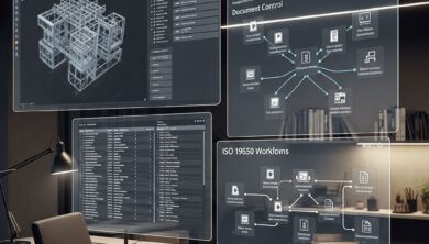 مهندس يدير حزم وثائق البناء الرقمية في موقع إنشائي حديث 2027