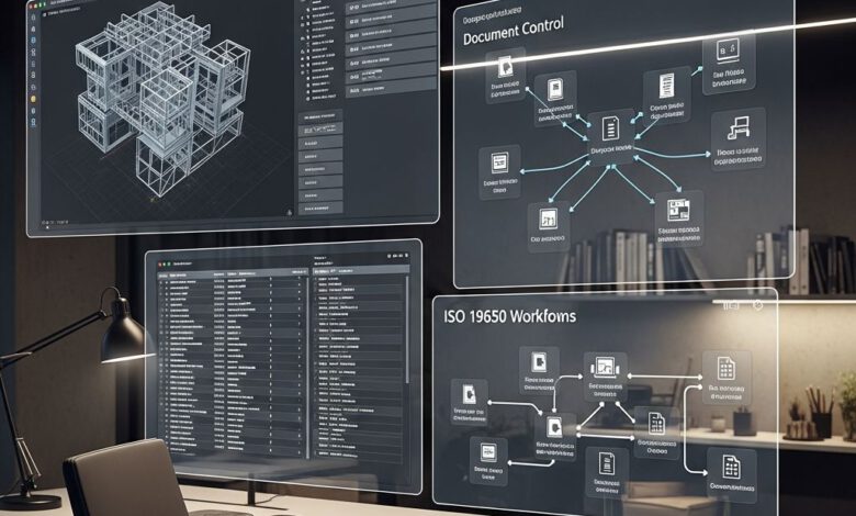 مهندس يدير حزم وثائق البناء الرقمية في موقع إنشائي حديث 2027