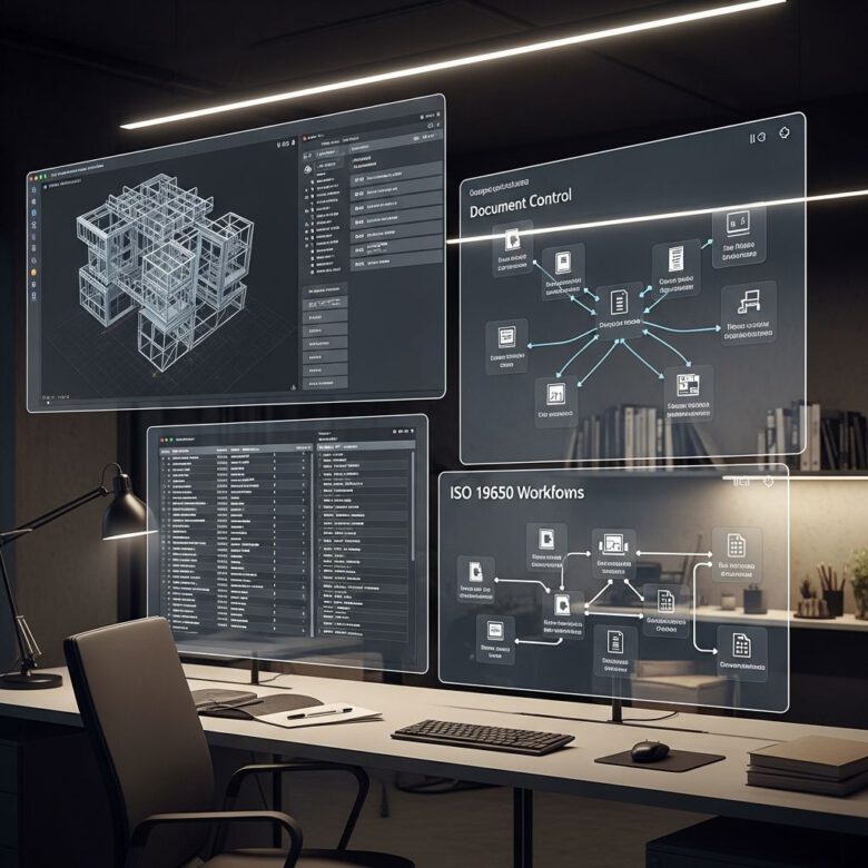 مهندس يدير حزم وثائق البناء الرقمية في موقع إنشائي حديث 2027