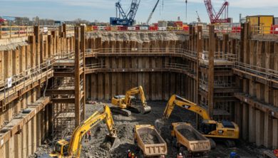 تنفيذ أعمال دعم التربة والشدات في موقع حفر عميق