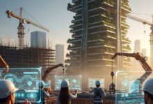 مهندسون في موقع بناء مستقبلي عام 2027 يستخدمون تقنيات متطورة