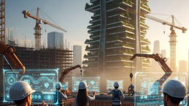 مهندسون في موقع بناء مستقبلي عام 2027 يستخدمون تقنيات متطورة