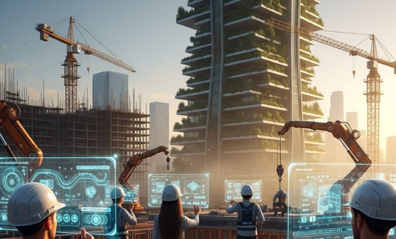 مهندسون في موقع بناء مستقبلي عام 2027 يستخدمون تقنيات متطورة
