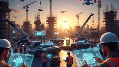 مهندسون في موقع بناء مستقبلي يستخدمون تقنيات متطورة وقوائم فحص رقمية لعام 2026
