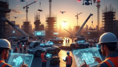 مهندسون في موقع بناء مستقبلي يستخدمون تقنيات متطورة وقوائم فحص رقمية لعام 2026