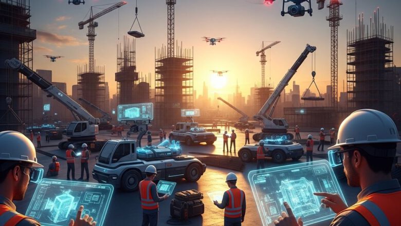 مهندسون في موقع بناء مستقبلي يستخدمون تقنيات متطورة وقوائم فحص رقمية لعام 2026