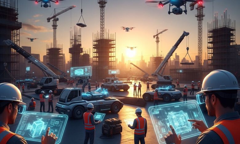 مهندسون في موقع بناء مستقبلي يستخدمون تقنيات متطورة وقوائم فحص رقمية لعام 2026