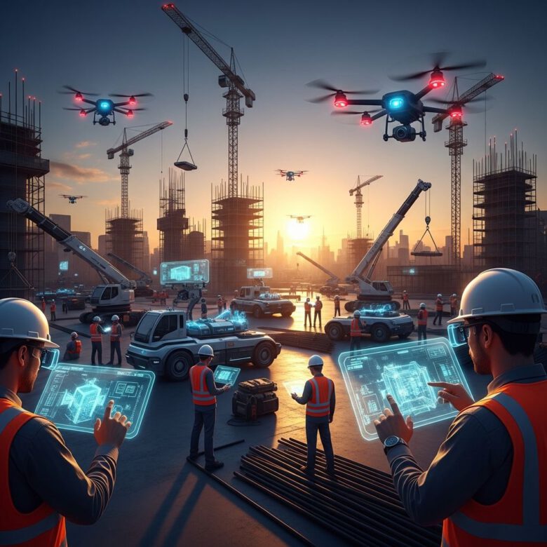 مهندسون في موقع بناء مستقبلي يستخدمون تقنيات متطورة وقوائم فحص رقمية لعام 2026