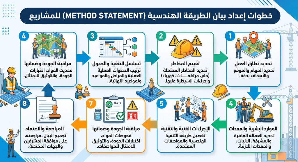إنفوجرافيك يوضح خطوات بيان الطريقة الهندسية أو خطة التنفيذ (Method Statement)