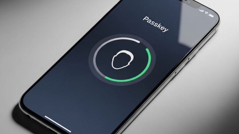 شاشة هاتف ذكي تظهر عملية تسجيل الدخول باستخدام مفتاح المرور Passkey