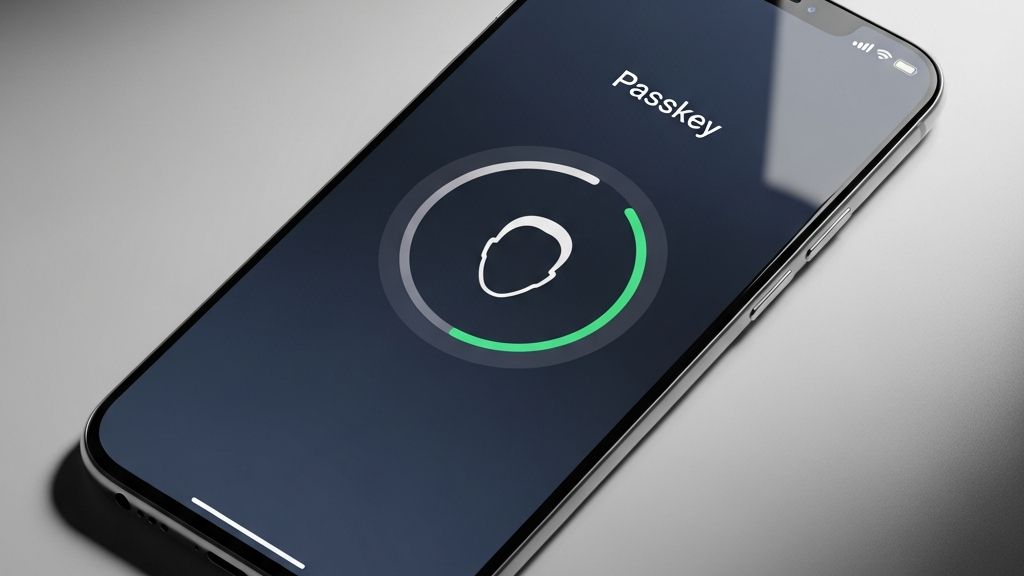 شاشة هاتف ذكي تظهر عملية تسجيل الدخول باستخدام مفتاح المرور Passkey