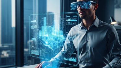 مهندس محترف في عام 2027 يستخدم تقنيات الواقع المعزز ليكون مهندسا ذكيا ويقوم بتصميم مدينة ذكية