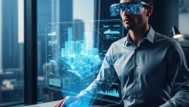 مهندس محترف في عام 2027 يستخدم تقنيات الواقع المعزز ليكون مهندسا ذكيا ويقوم بتصميم مدينة ذكية