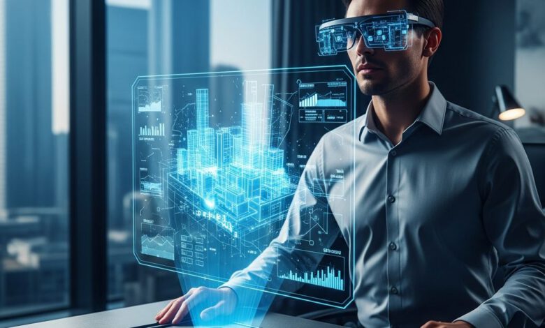مهندس محترف في عام 2027 يستخدم تقنيات الواقع المعزز ليكون مهندسا ذكيا ويقوم بتصميم مدينة ذكية