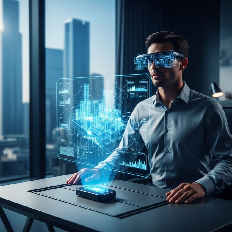 مهندس محترف في عام 2027 يستخدم تقنيات الواقع المعزز ليكون مهندسا ذكيا ويقوم بتصميم مدينة ذكية