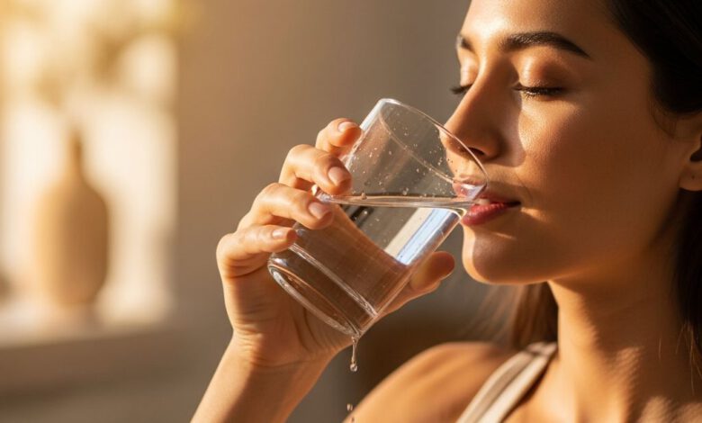 امرأة تتمتع ببشرة نضرة تلتمس فوائد شرب الماء لتعزيز الصحة والجمال