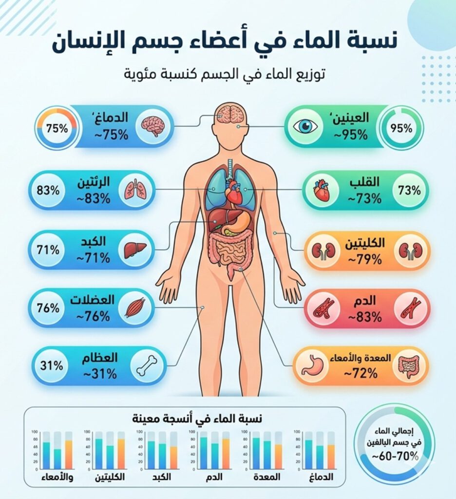 رسم توضيحي لنسبة الماء في أعضاء جسم الإنسان المختلفة