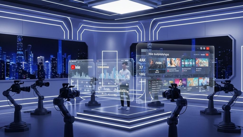 استوديو إنشاء فيديوهات يوتيوب متطور في عام 2027 مع تقنيات الذكاء الاصطناعي