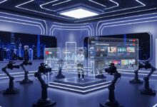 استوديو إنشاء فيديوهات يوتيوب متطور في عام 2027 مع تقنيات الذكاء الاصطناعي