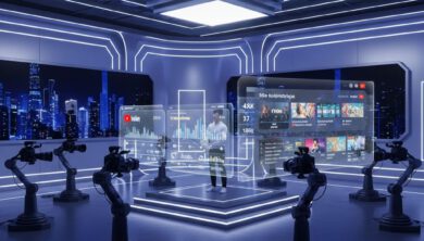 استوديو إنشاء فيديوهات يوتيوب متطور في عام 2027 مع تقنيات الذكاء الاصطناعي