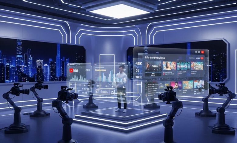 استوديو إنشاء فيديوهات يوتيوب متطور في عام 2027 مع تقنيات الذكاء الاصطناعي