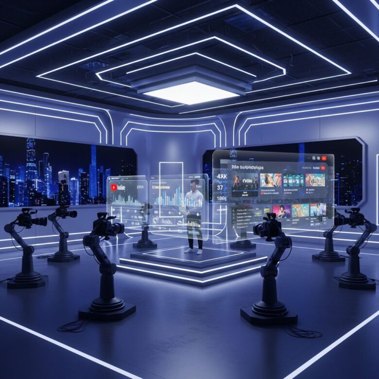 استوديو إنشاء فيديوهات يوتيوب متطور في عام 2027 مع تقنيات الذكاء الاصطناعي