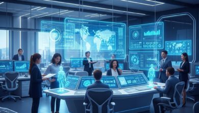 صورة تعبيرية لمكتب إداري مستقبلي في عام 2026 يعتمد على تقنيات الذكاء الاصطناعي