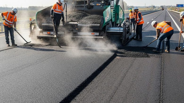فرادة أسفلت حديثة تقوم برصف الطبقة السطحية للطريق السريع - كيفية تنفيذ الطرق والطرق السريعة