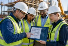 فريق من المهندسين يراجعون المخططات الهندسية في موقع بناء حديث