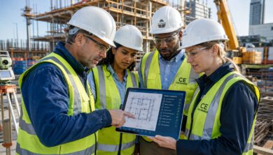 فريق من المهندسين يراجعون المخططات الهندسية في موقع بناء حديث
