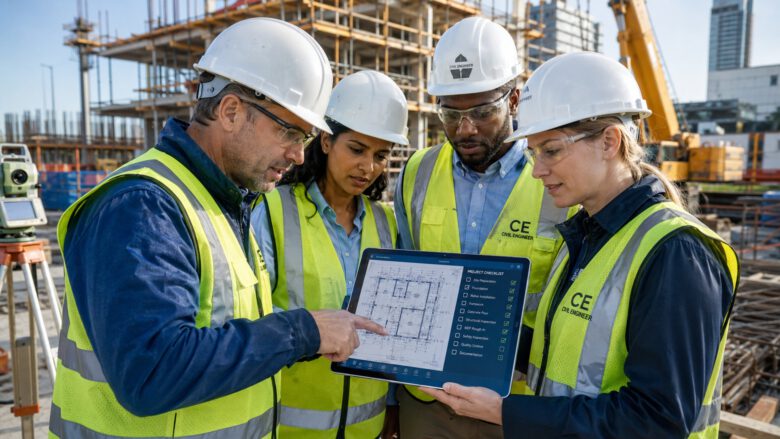 فريق من المهندسين يراجعون المخططات الهندسية في موقع بناء حديث
