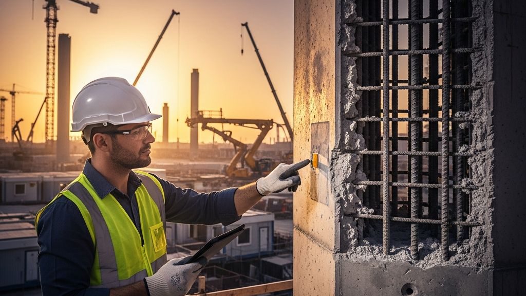 مهندس مدني يفحص عملية إصلاح تعشيش الخرسانة في عمود بمشروع نيوم